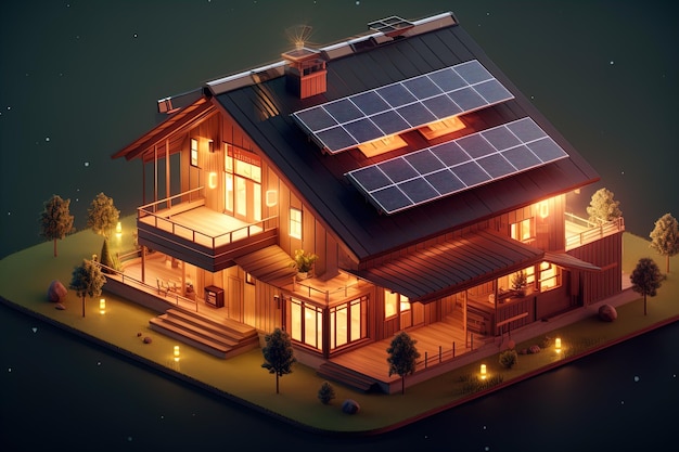 Isometric House ith Solar Panels Illustration