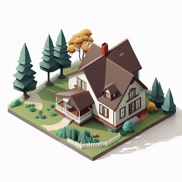 Isometric house and lots of green trees