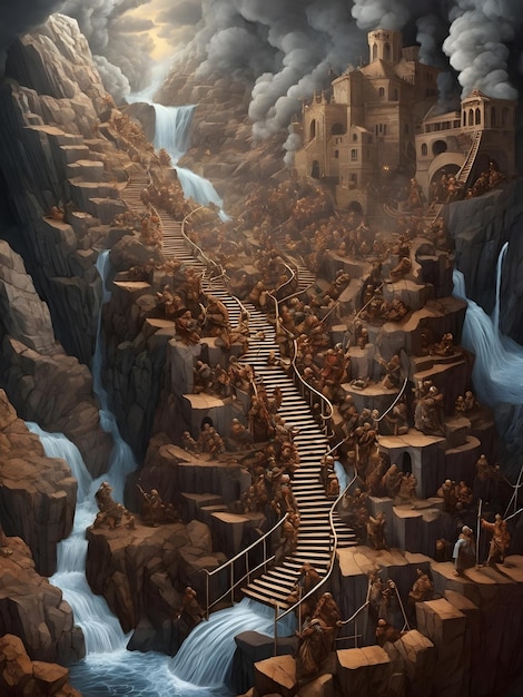 isometric a huge number of dwarves march up a extreme long ringing infinite spiral staircase