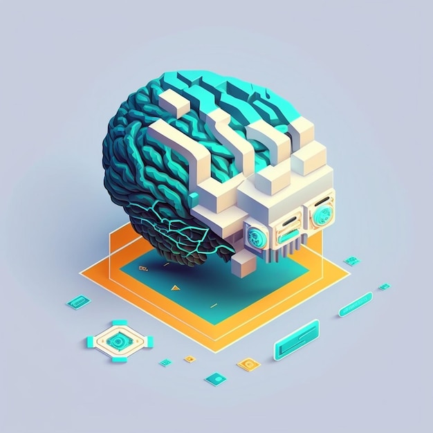 Isometric illumination of robotic human brain with detailed circuits Concept art of artificial intelligence machine learning brain power or energy