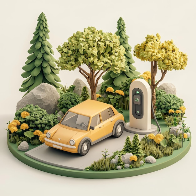 Isometric Illustration of 3d ev car and ev charger