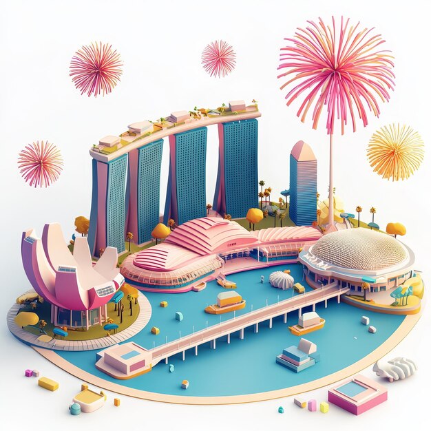 Photo isometric illustration of 3d singapore city with firework in new year icon