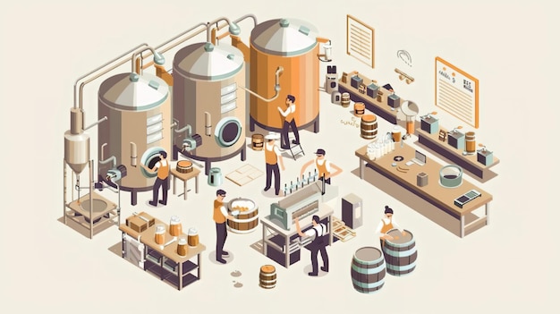 Photo isometric illustration of a brewery with workers and equipment