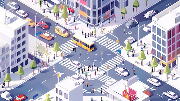 An isometric illustration of a busy city intersection