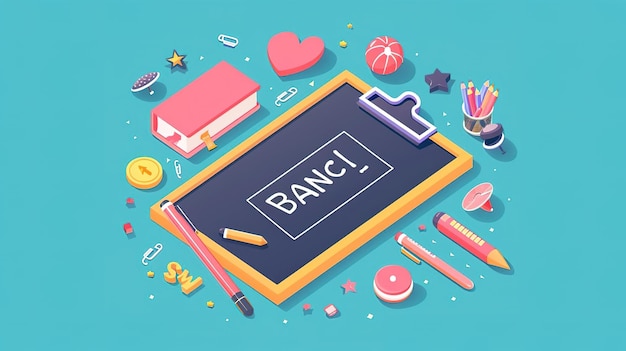 Photo isometric illustration of a chalkboard with the word banc written on it surrounded by school supplies