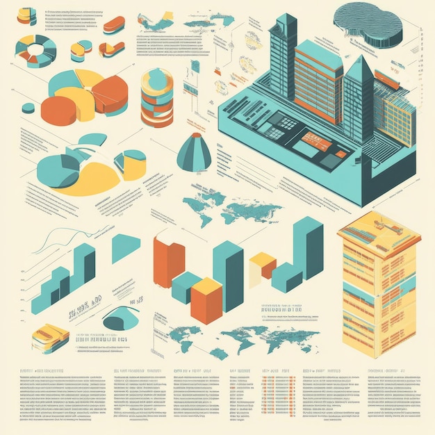 Photo isometric illustration of a city with charts and data graphs