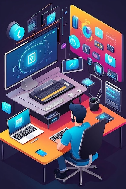 Isometric Illustration of Computer Technology PC Laptop and Phone in Development Environment