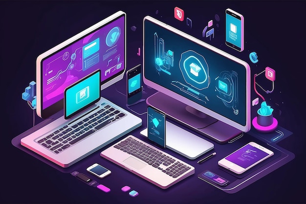 Isometric Illustration of Computer Technology PC Laptop and Phone in Development Environment