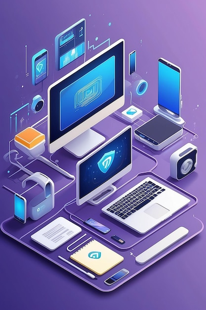 Photo isometric illustration of computer technology pc laptop and phone in development environment