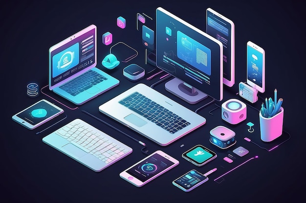 Isometric Illustration of Computer Technology PC Laptop and Phone in Development Environment