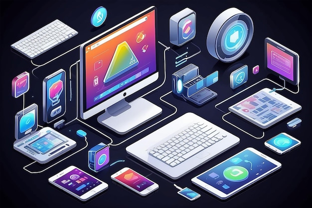 Isometric Illustration of Computer Technology PC Laptop and Phone in Development Environment