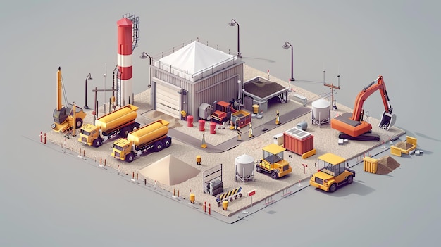 Isometric illustration of a construction site with various vehicles and equipment