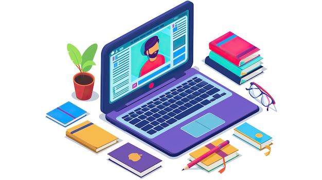 Photo an isometric illustration depicting an elearning setup with a laptop books and plant symbolizing remote education and digital classrooms