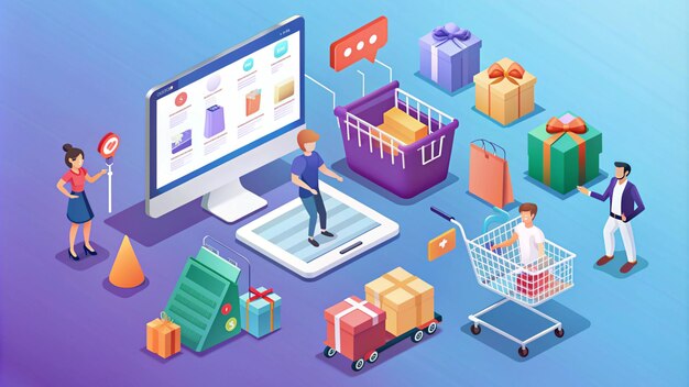 Photo an isometric illustration depicting the process of online shopping with customers browsing products on a computer and smartphone adding items to their carts and receiving deliveries