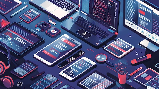 Isometric illustration of digital devices and programming interfaces