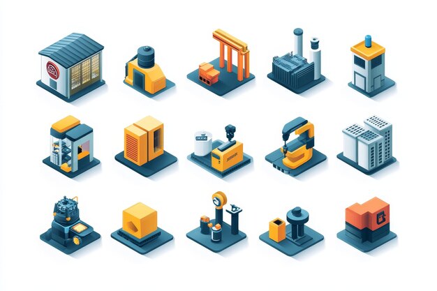 Photo isometric illustration of industrial buildings and machines