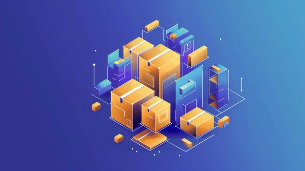 An isometric illustration of interconnected blocks in blue and yellow symbolizing digital networking