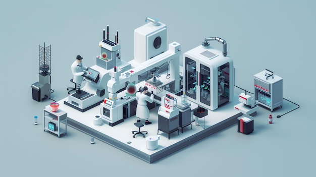 An isometric illustration of a laboratory with two scientists working in a futuristic setting