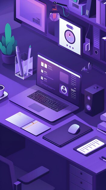 Photo isometric illustration of laptop on desk with office accessories and video conferencing icons