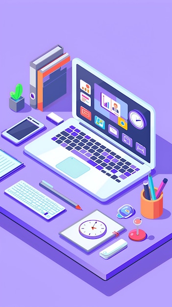 Photo isometric illustration of laptop on desk with office accessories and video conferencing icons