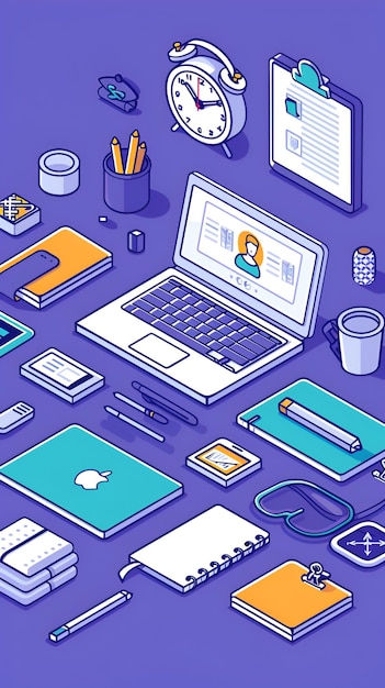 Photo isometric illustration of laptop on desk with office accessories and video conferencing icons