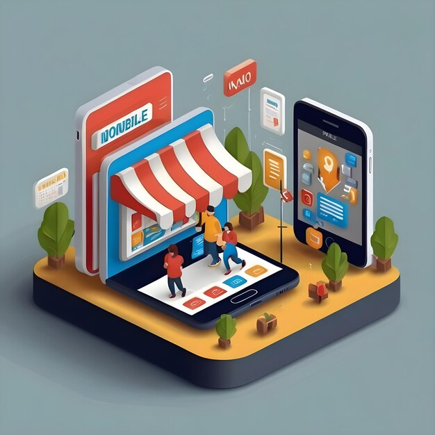 Isometric Illustration of Mobile Marketing and ECommerce