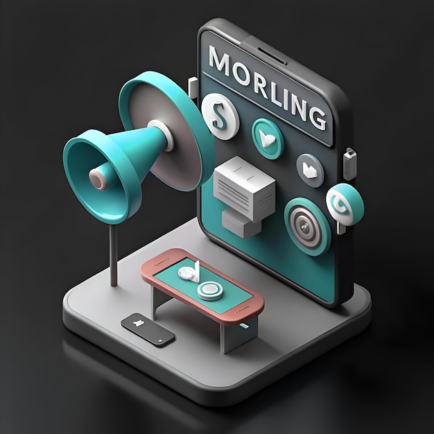 Photo isometric illustration of a mobile phone with the word morling and various icons representing social media communication and online presence