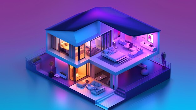 Photo isometric illustration of a modern house with neon lights and a balcony