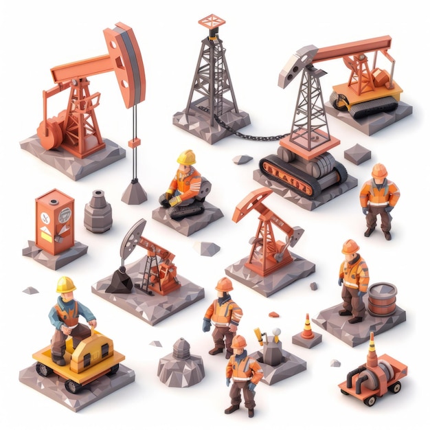 Isometric Illustration of Oil Field Workers and Equipment