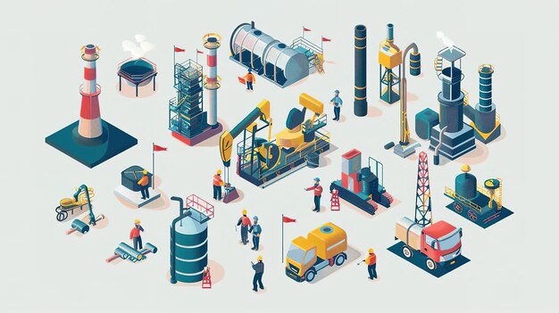 Isometric illustration of oil industry with workers equipment and infrastructure