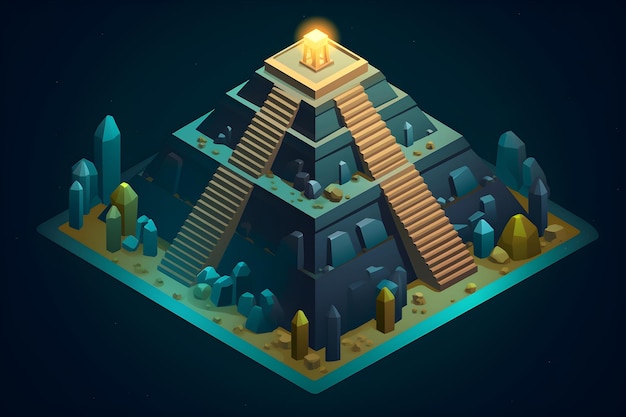 A isometric illustration of a pyramid and glowing moon light