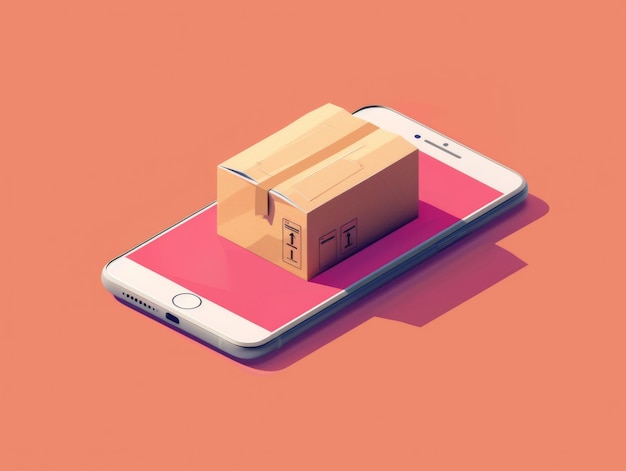 Photo isometric illustration of a single package resting on a smartphone screen representing online shopping and mobile delivery services