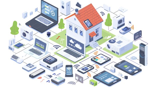 Photo an isometric illustration of a smart home connected to various devices