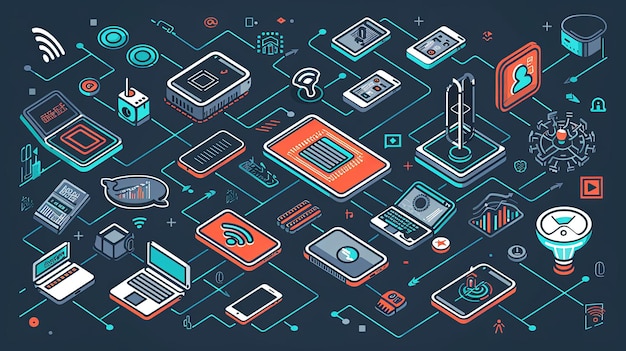 Photo an isometric illustration of smart home devices connected by a network