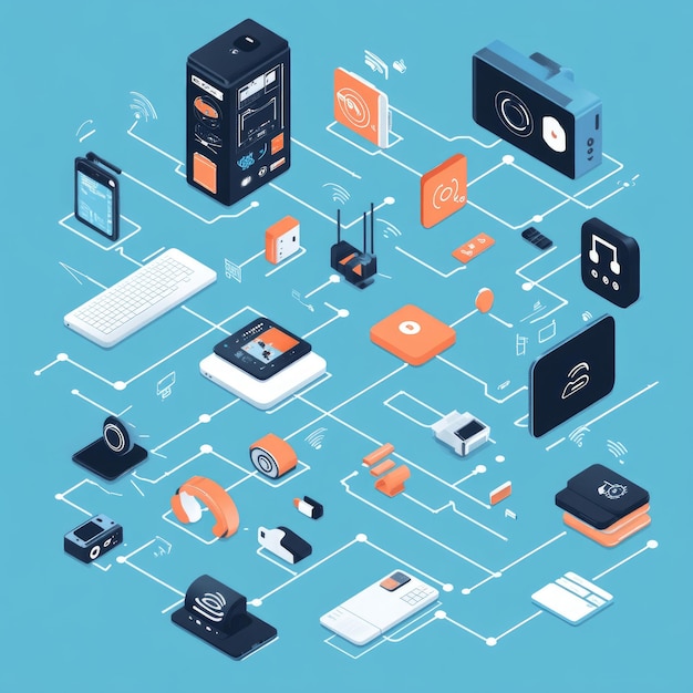 Isometric illustration of smart home devices connected in a network