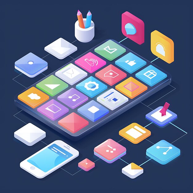 Isometric illustration of a smartphone with various app icons and elements