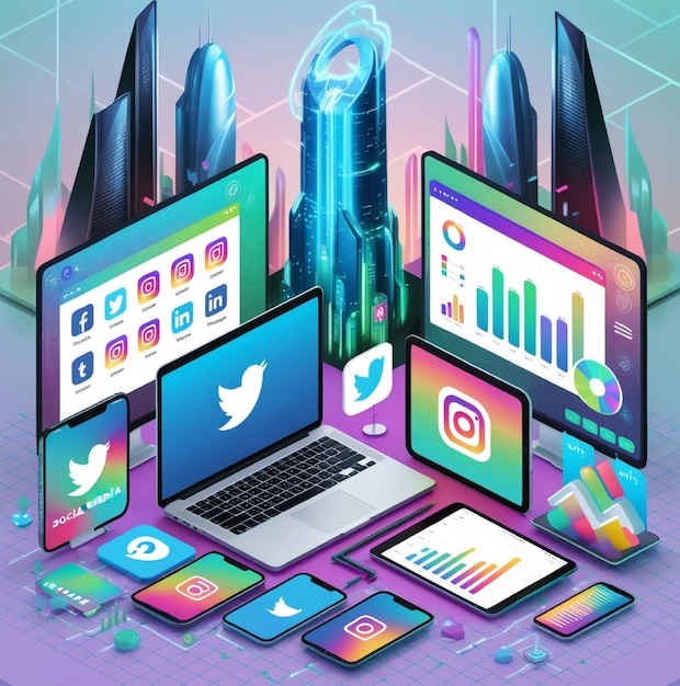 isometric illustration of social media and marketing in modern technology concep