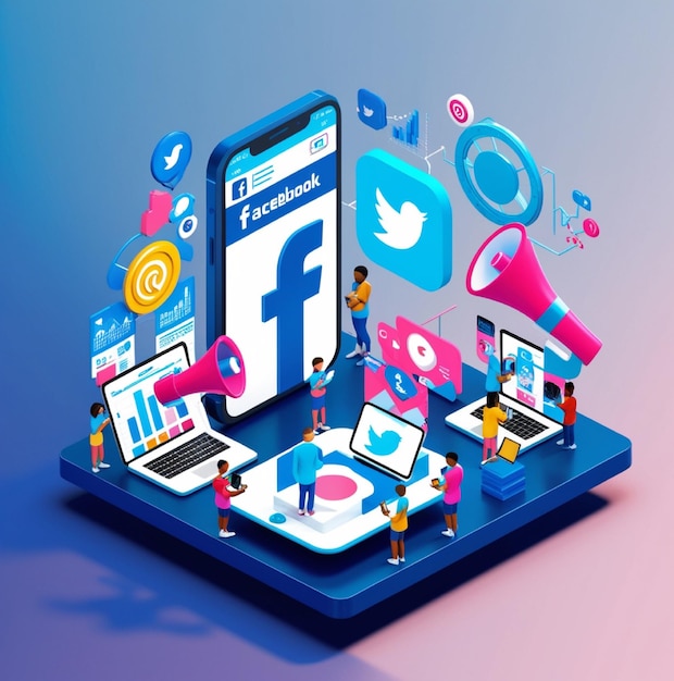 isometric illustration of social media and marketing in modern technology concep