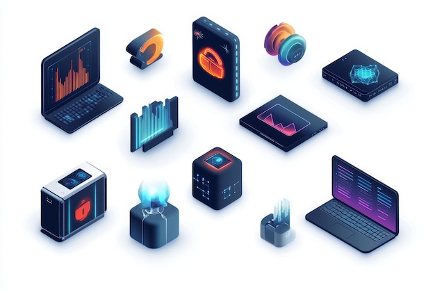 Photo isometric illustration of technology gadgets with neon lights