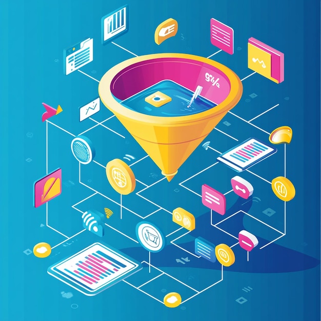 Photo isometric illustration of a vibrant digital marketing funnel