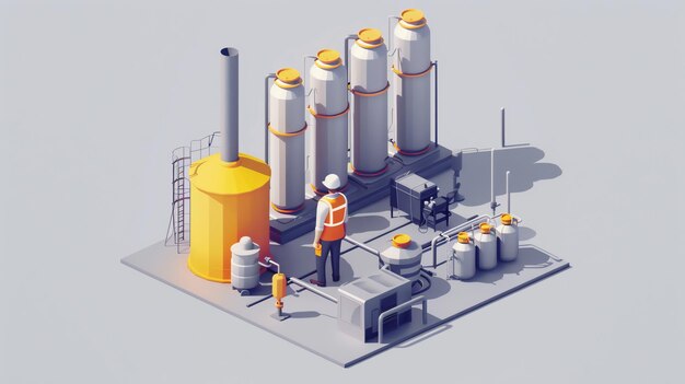 Photo isometric illustration of a worker standing in front of an industrial facility with tanks and pipes