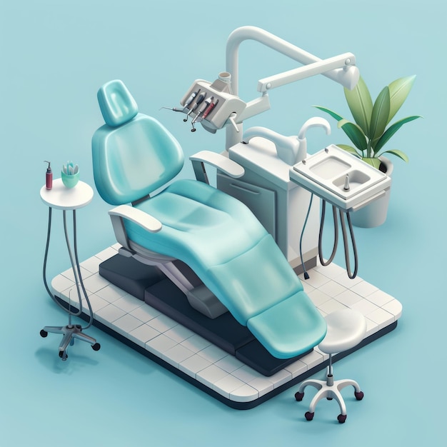 isometric illustrations of dental instruments and chairs clean background soft lighting white col