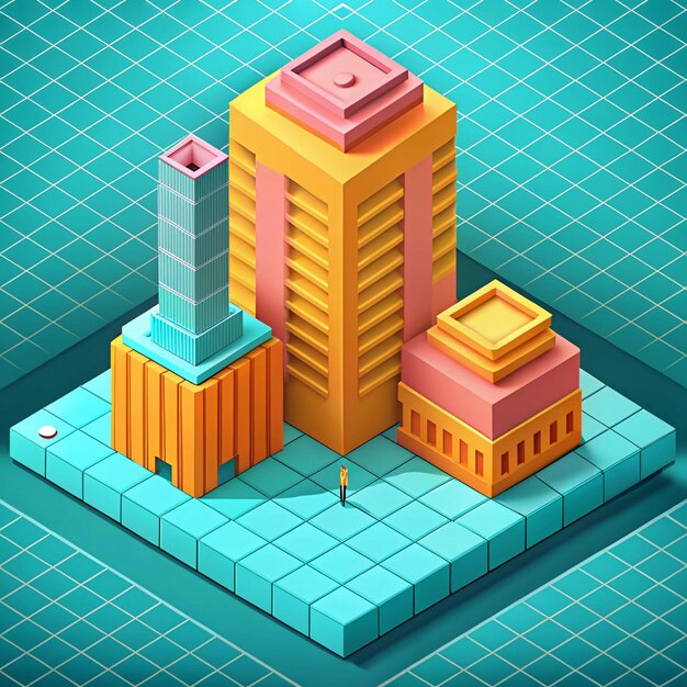 Photo isometric illustrations of geometric buildings in vibrant colors showcasing modern cityscapes