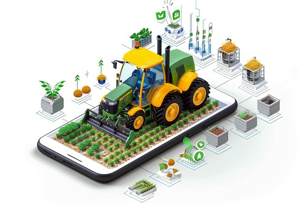 Photo isometric image of a smartphone and a lot of elements of agribusiness