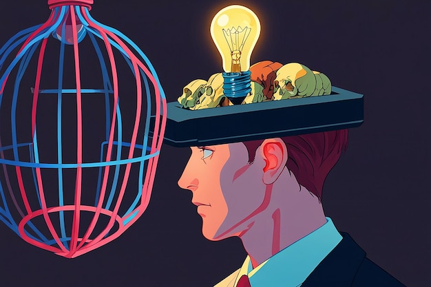 Photo isometric light bulb stuck in cage inside businessman s head