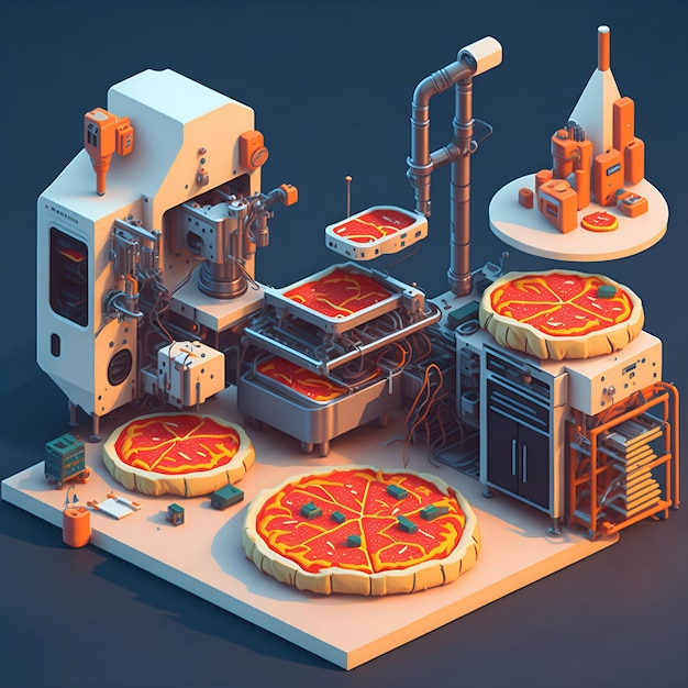 Isometric low poly 3d rendering Factory process of making pizza