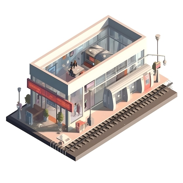 Isometric metro station building with train and people Vector illustration