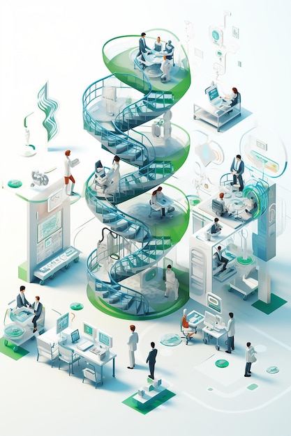 Isometric miniature world encapsulated in several square rooms where biomedical engineers