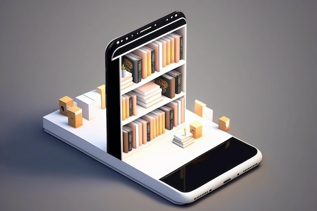 Isometric modern online bookstore or library concept ebooks app