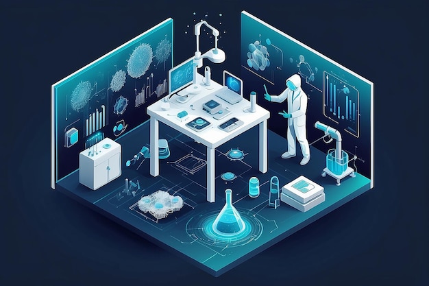 Isometric nanotechnology composition with isolated scientific research image on blank background ve